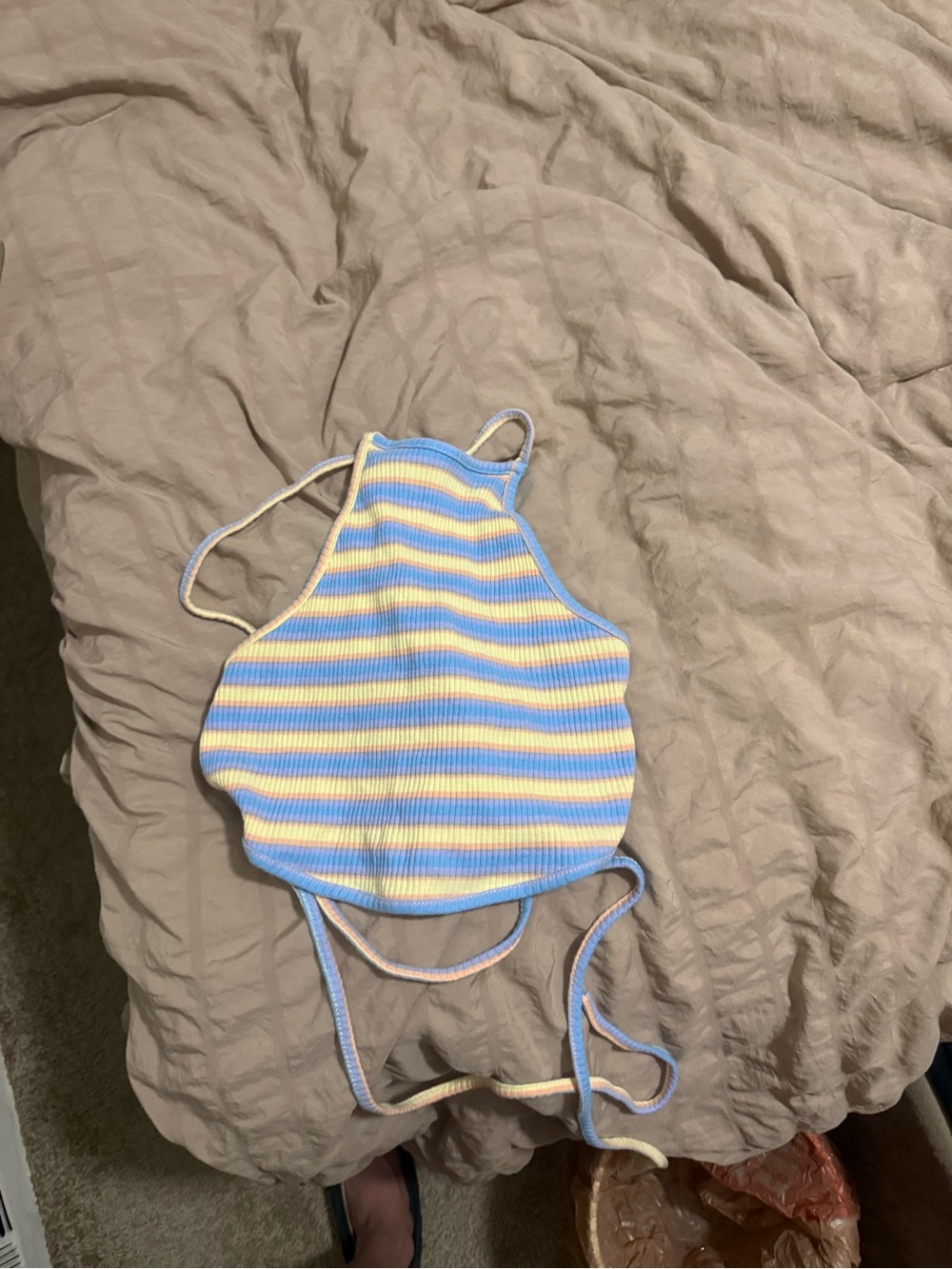 Striped Ribbed Halter Crop Top in Pastel Blue & Yellow